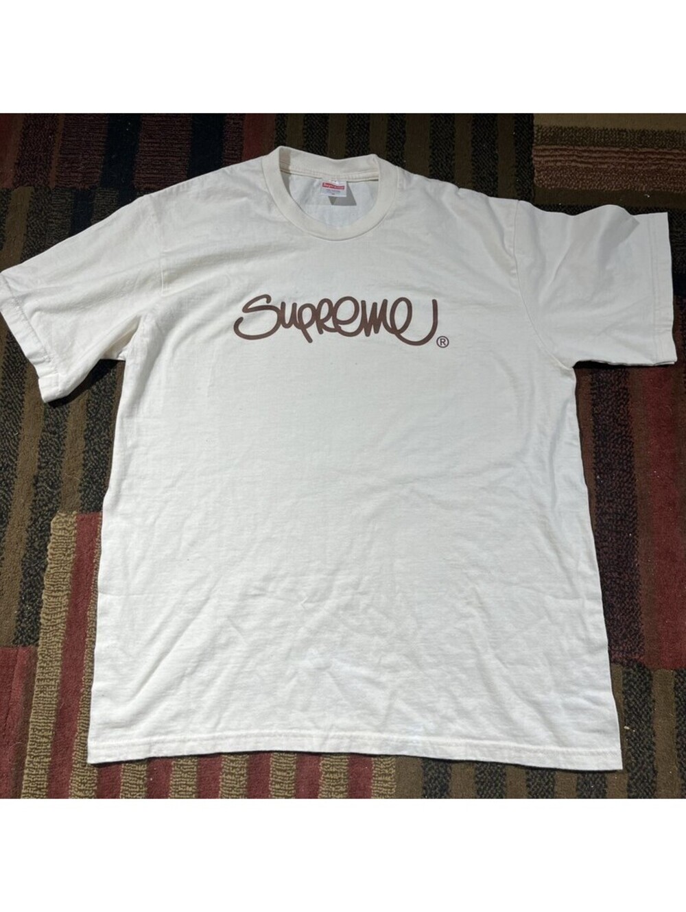 Supreme Script Logo T Shirt Mens M White Brown Made USA